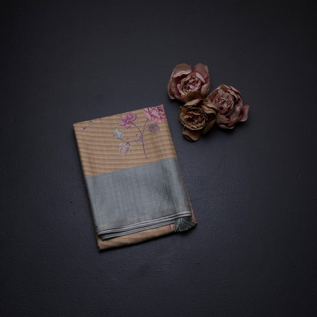 Raw Silk Mustard Yellow Stripes Printed Saree With Zari Checks Border