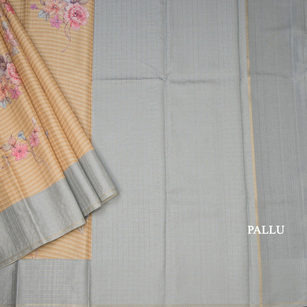 Raw Silk Mustard Yellow Stripes Printed Saree With Zari Checks Border
