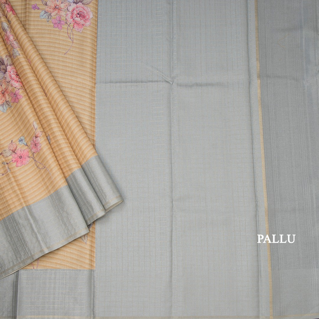 Raw Silk Mustard Yellow Stripes Printed Saree With Zari Checks Border