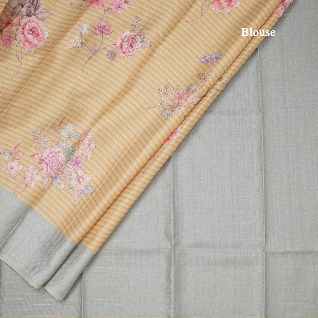 Raw Silk Mustard Yellow Stripes Printed Saree With Zari Checks Border