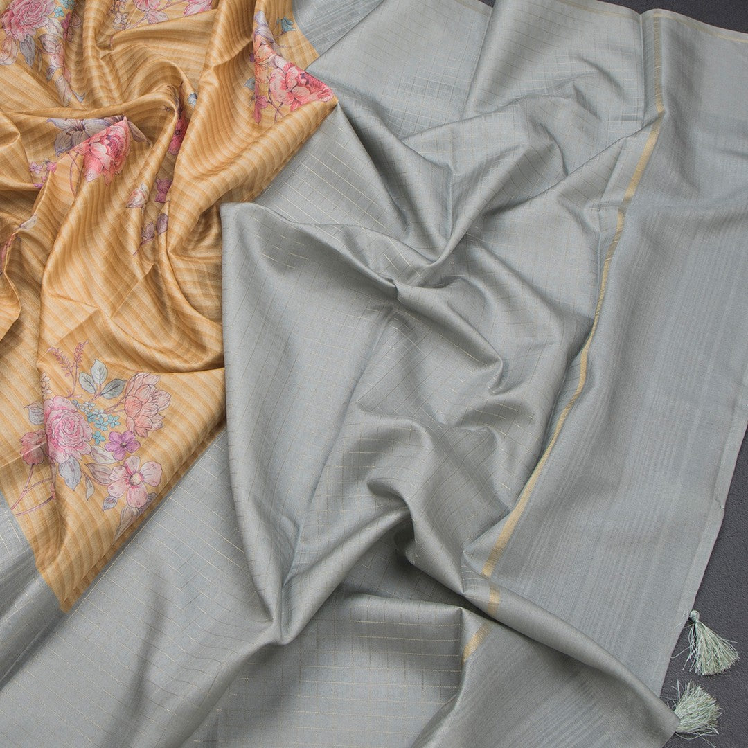 Raw Silk Mustard Yellow Stripes Printed Saree With Zari Checks Border
