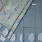 Raw Silk Sage Green Zari Stripes With Floral Printed Saree