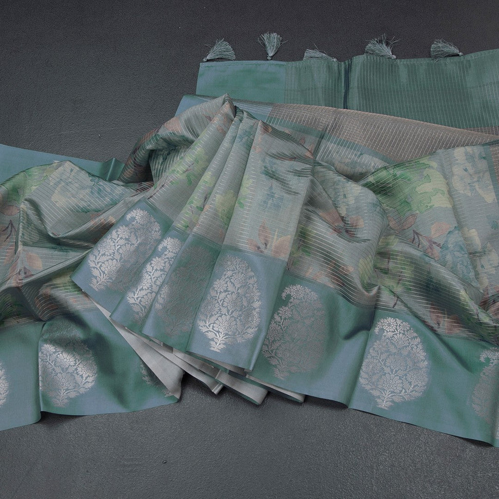 Raw Silk Sage Green Zari Stripes With Floral Printed Saree