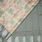 Raw Silk Cream Zari Stripes With Floral Printed Saree 04