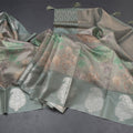 Raw Silk Sage Green Zari Stripes With Floral Printed Saree 02