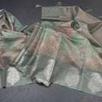 Raw Silk Sage Green Zari Stripes With Floral Printed Saree 02