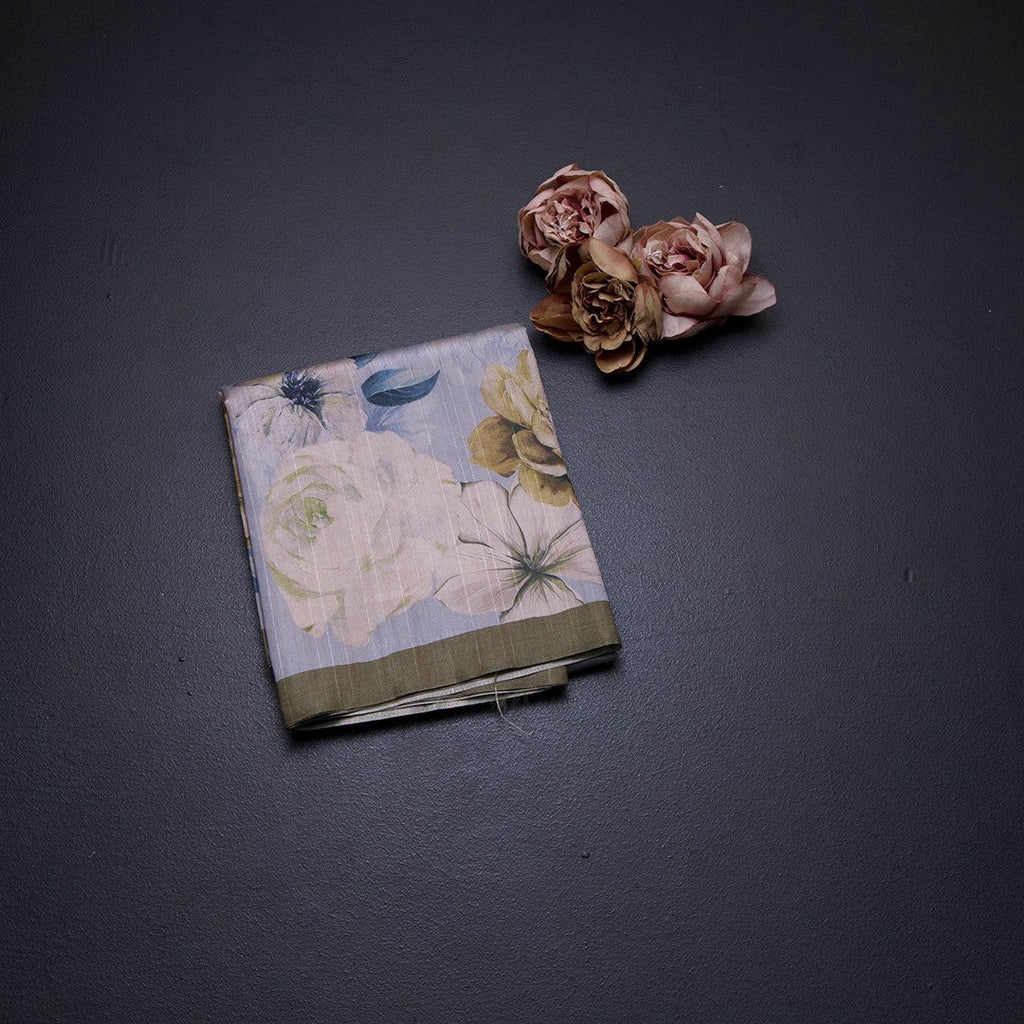 Semi Raw Silk Light Greyish Blue Floral Printed Saree With Ribbon Border