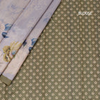 Semi Raw Silk Light Greyish Blue Floral Printed Saree With Ribbon Border