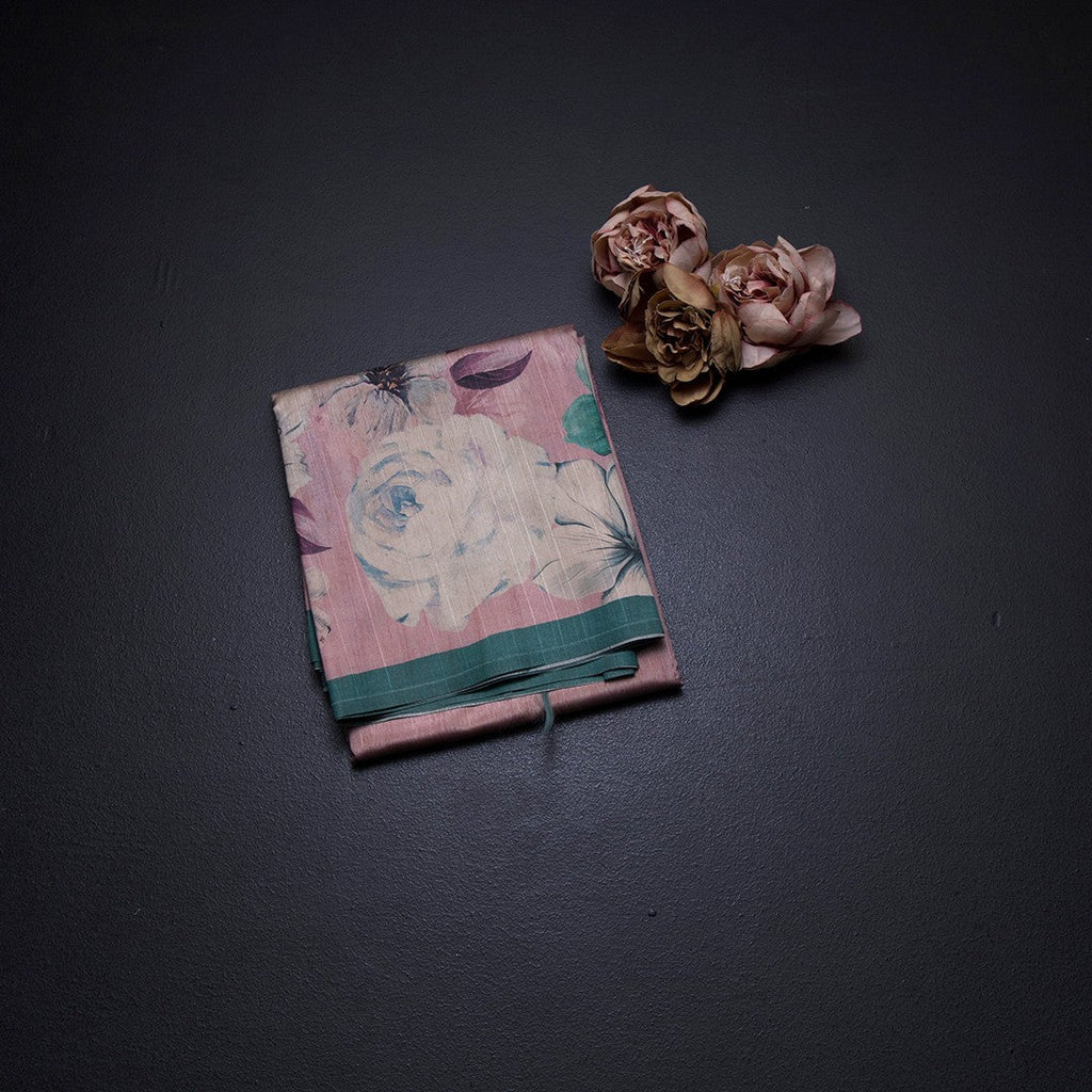 Semi Raw Silk Onion Pink Floral Printed Saree With Ribbon Border