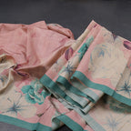 Semi Raw Silk Onion Pink Floral Printed Saree With Ribbon Border