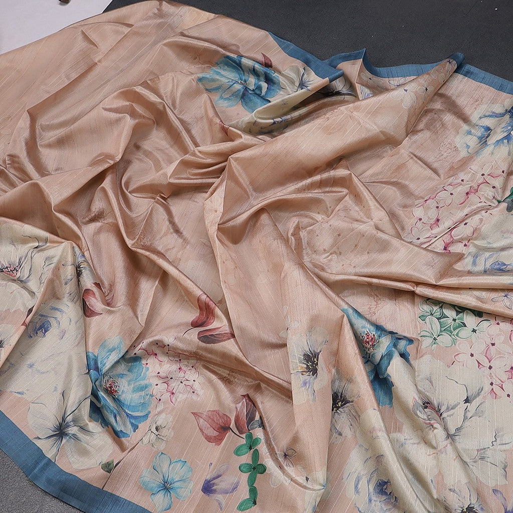 Semi Raw Silk Light Brown Floral Printed Saree With Ribbon Border 02