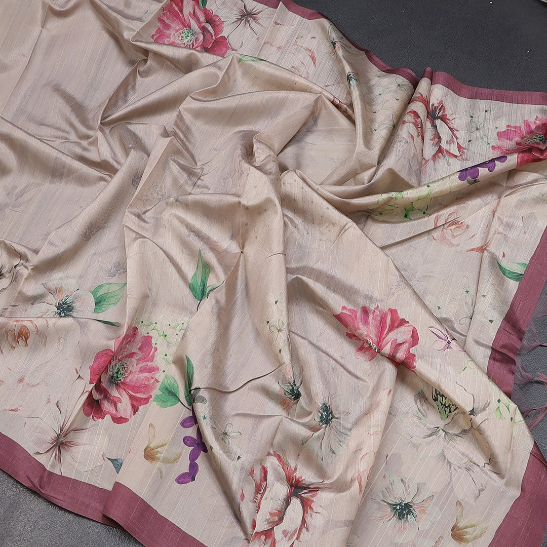 Semi Raw Silk Beige Floral Printed Saree With Ribbon Border