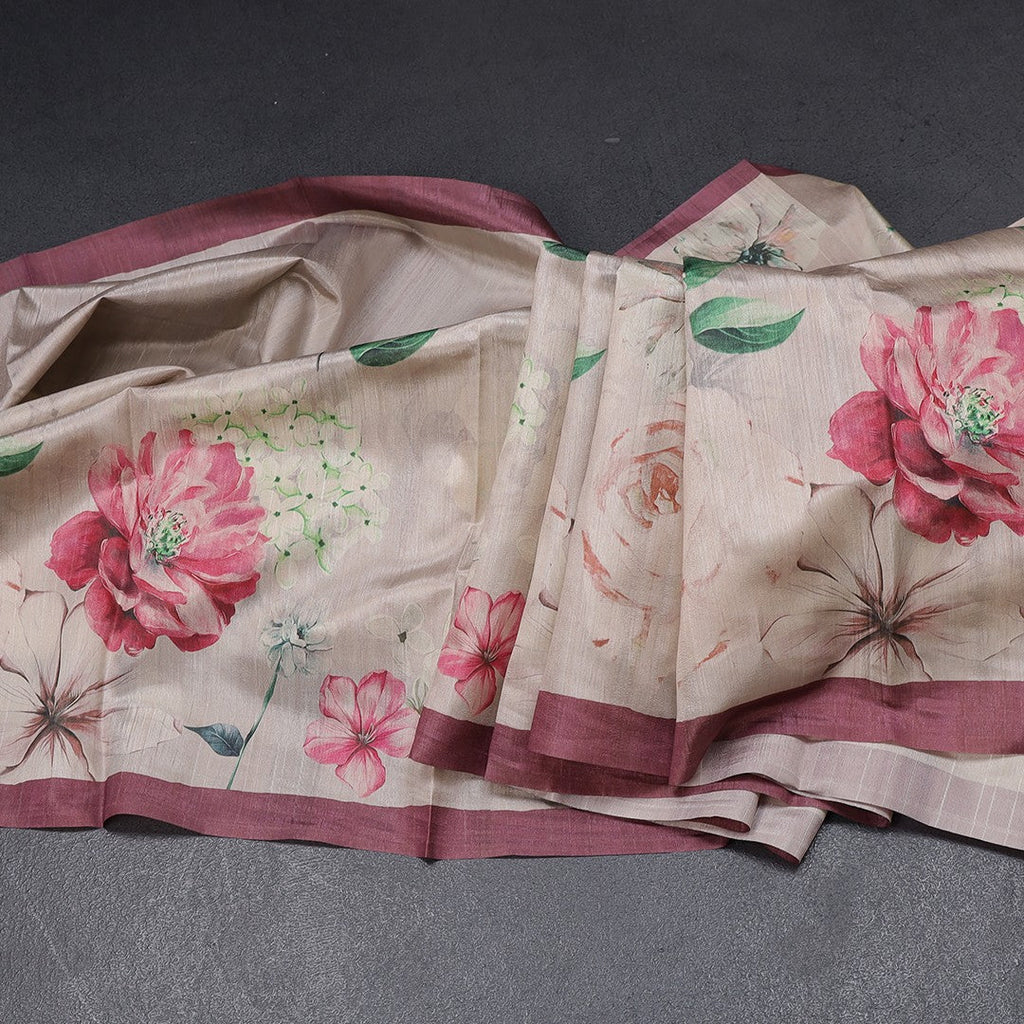 Semi Raw Silk Beige Floral Printed Saree With Ribbon Border