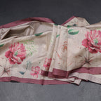 Semi Raw Silk Beige Floral Printed Saree With Ribbon Border