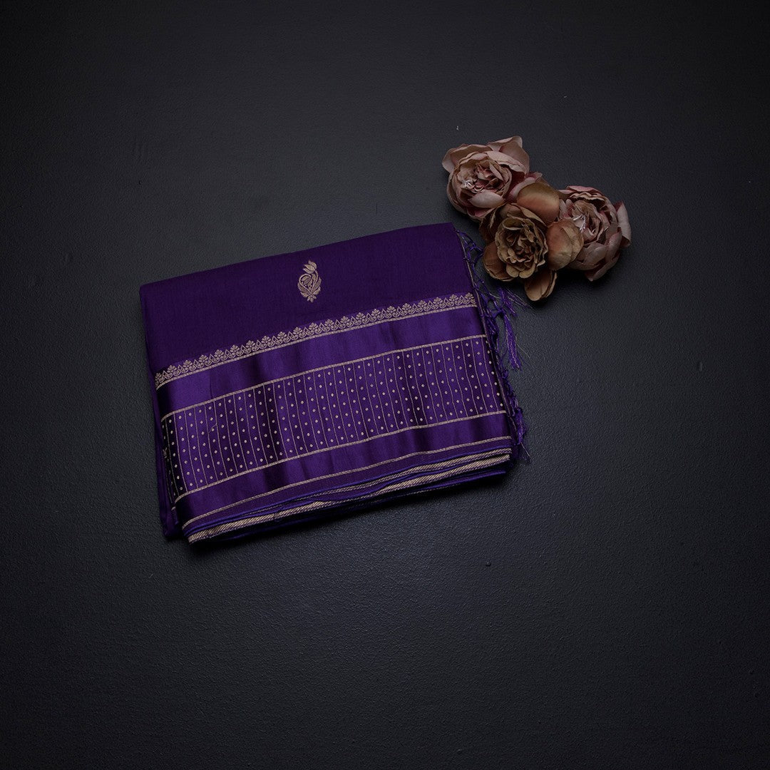 Tussar Dark Purple Saree With Zari Buttas And Satin Border
