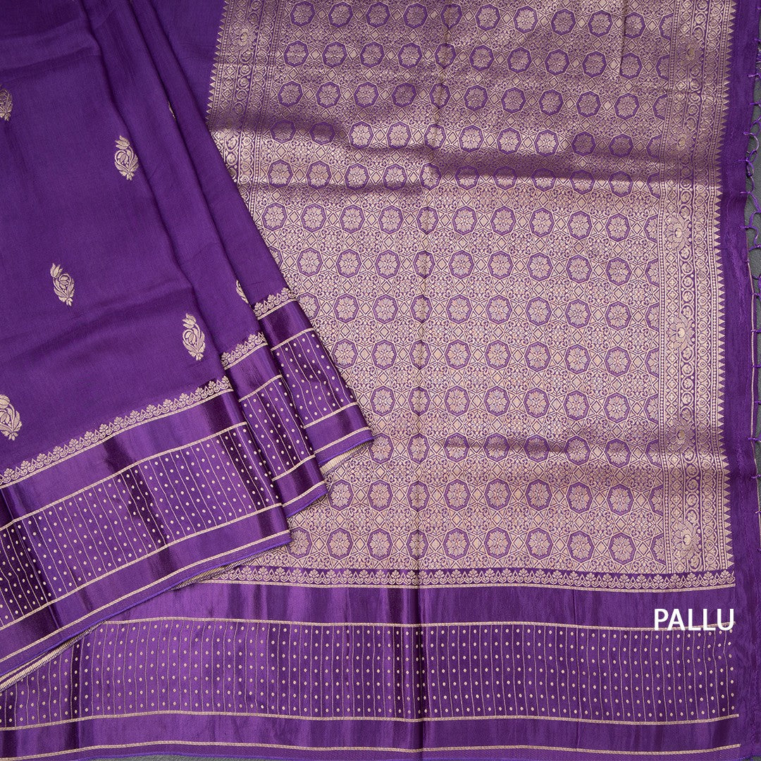 Tussar Dark Purple Saree With Zari Buttas And Satin Border