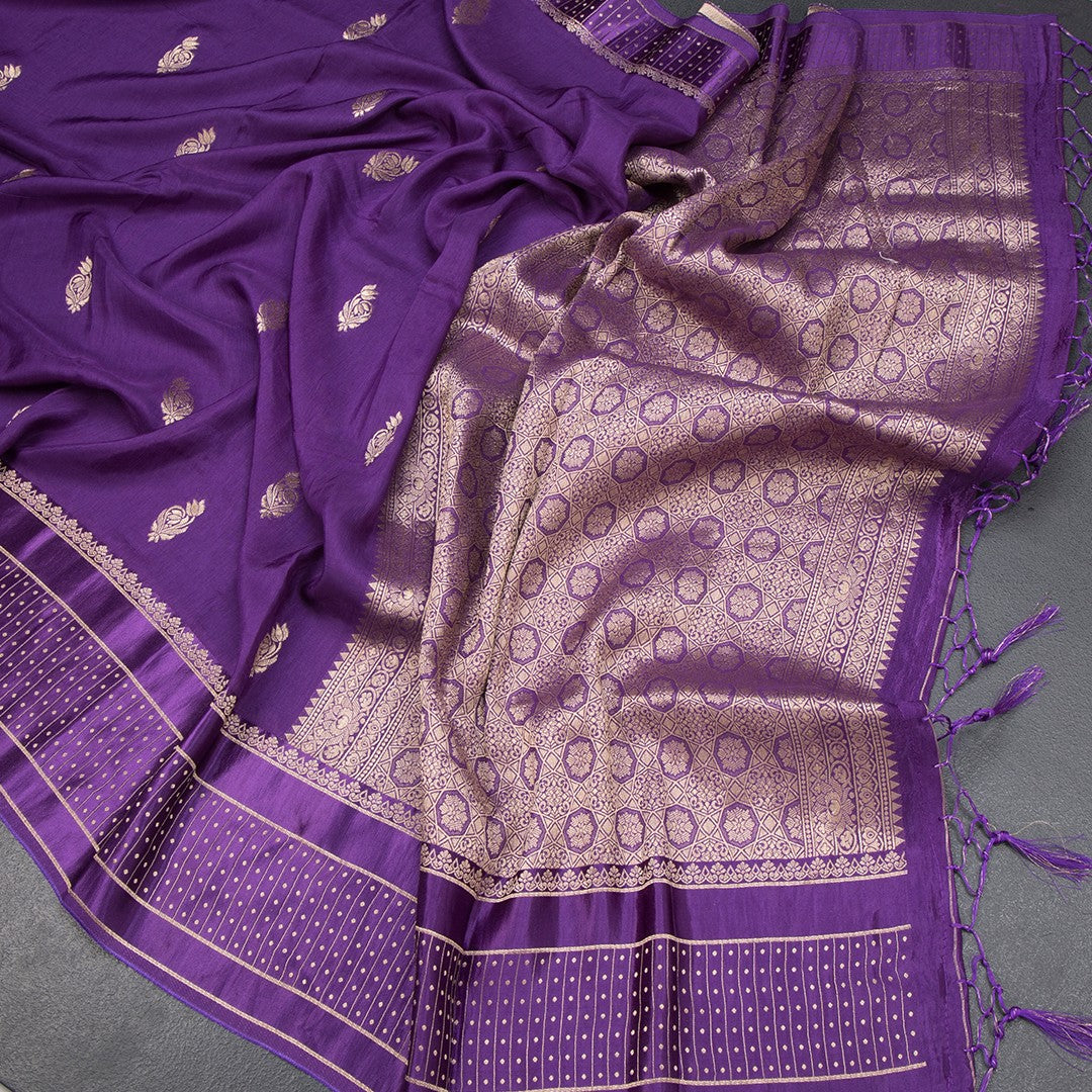 Tussar Dark Purple Saree With Zari Buttas And Satin Border
