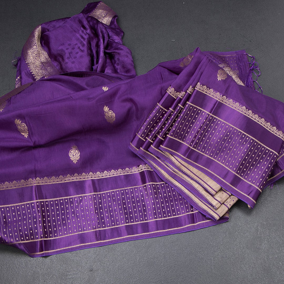 Tussar Dark Purple Saree With Zari Buttas And Satin Border
