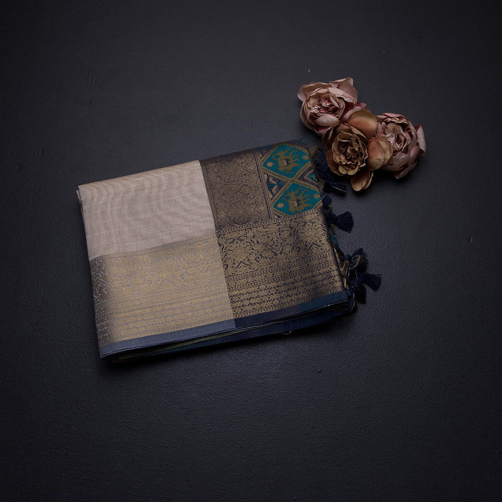 Raw Silk Cream Plain Saree With Zari Border