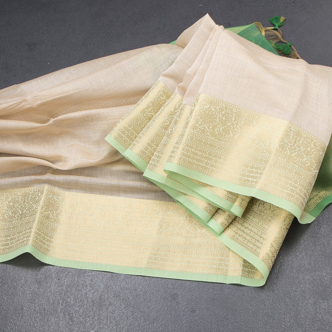 Raw Silk Cream Plain Saree With Zari Border 02
