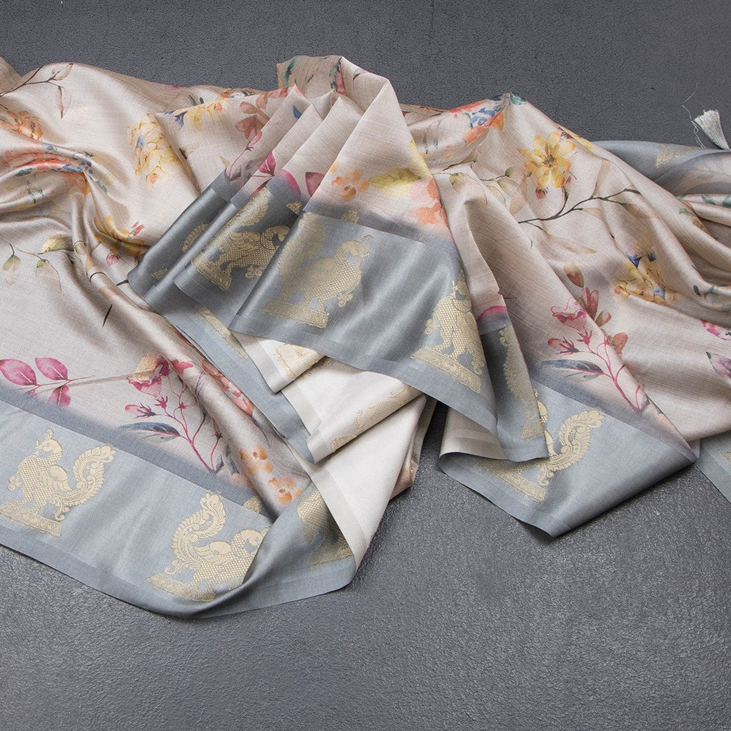 Raw Silk Grey Floral Printed Saree With Zari Border