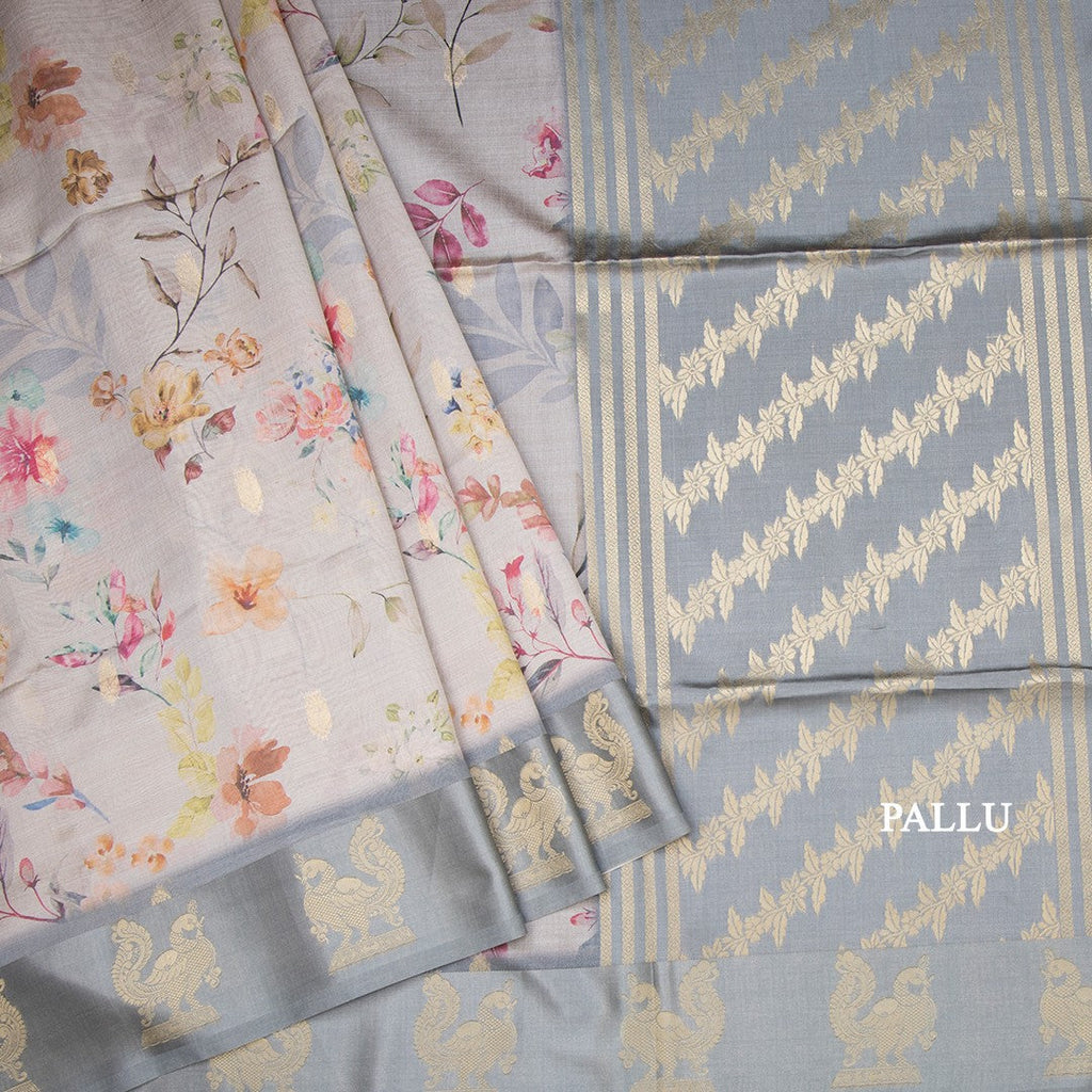 Raw Silk Grey Floral Printed Saree With Zari Border