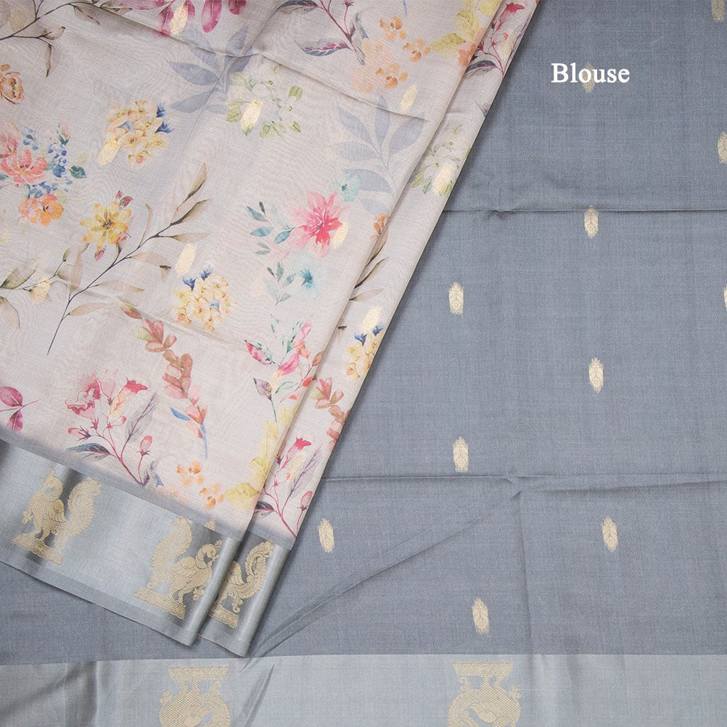 Raw Silk Grey Floral Printed Saree With Zari Border