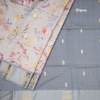 Raw Silk Grey Floral Printed Saree With Zari Border
