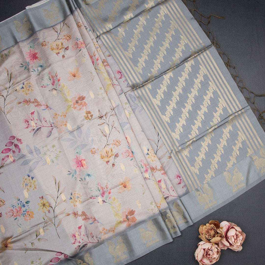 Raw Silk Grey Floral Printed Saree With Zari Border