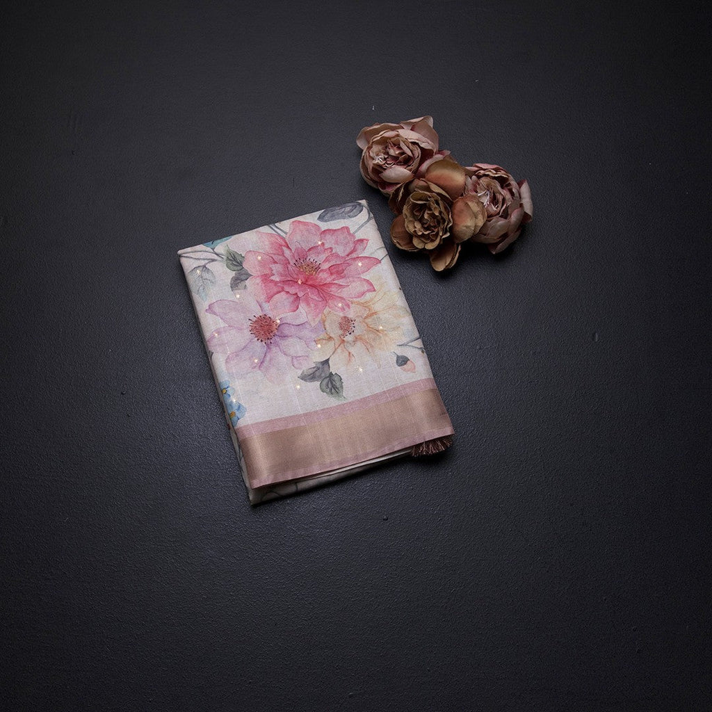 Raw Silk Cream Floral Printed Saree With Zari Border 05