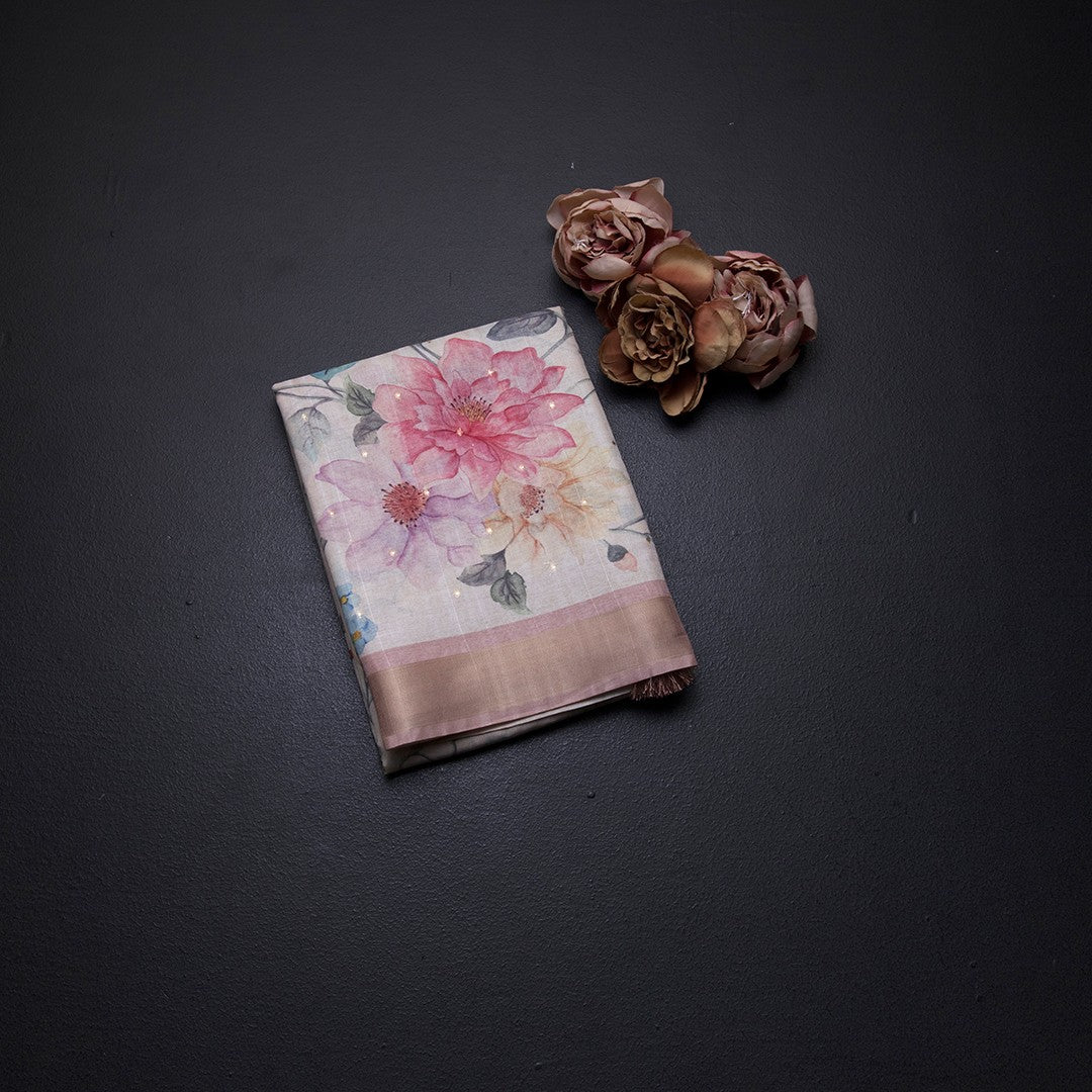 Raw Silk Cream Floral Printed Saree With Zari Border 05