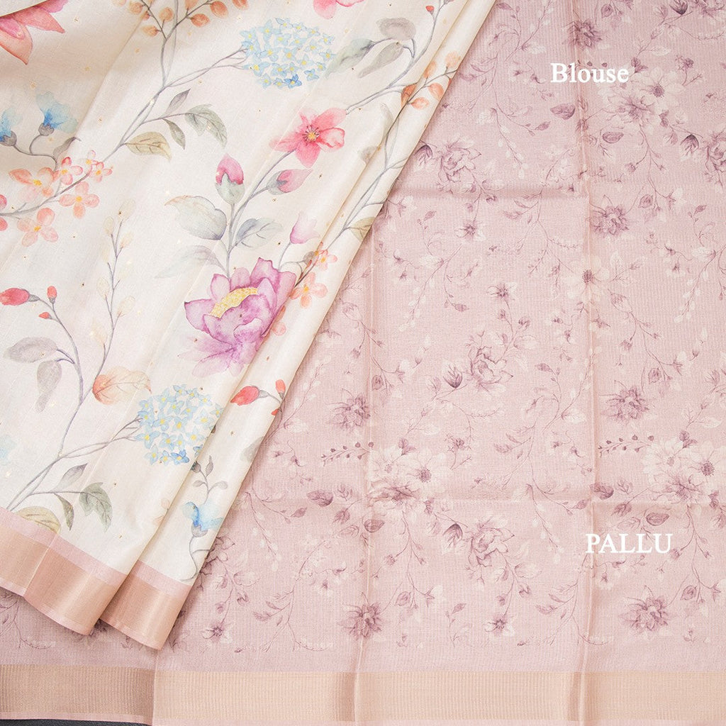 Raw Silk Cream Floral Printed Saree With Zari Border 05