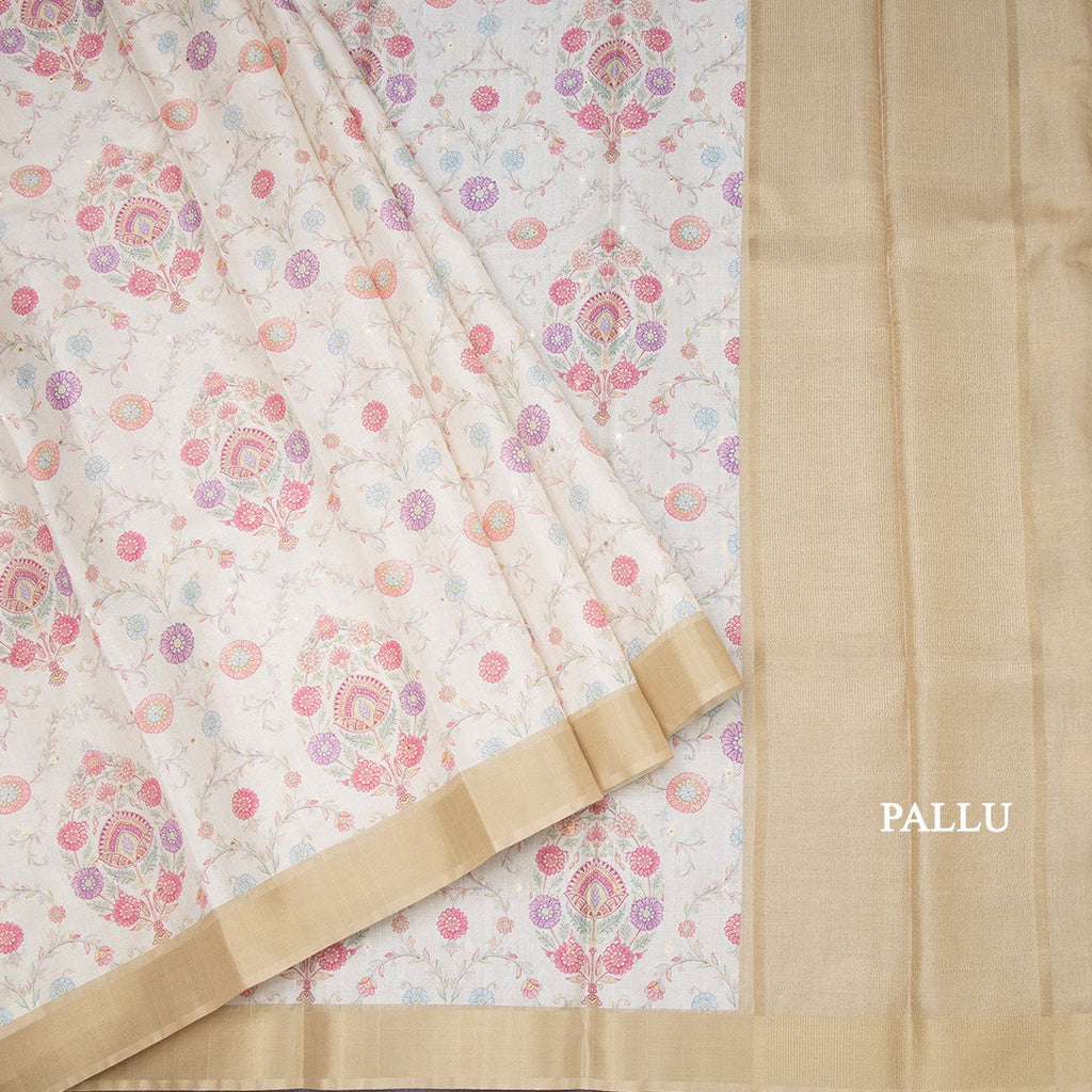 Raw Silk Cream Floral Printed Saree With Zari Border 06