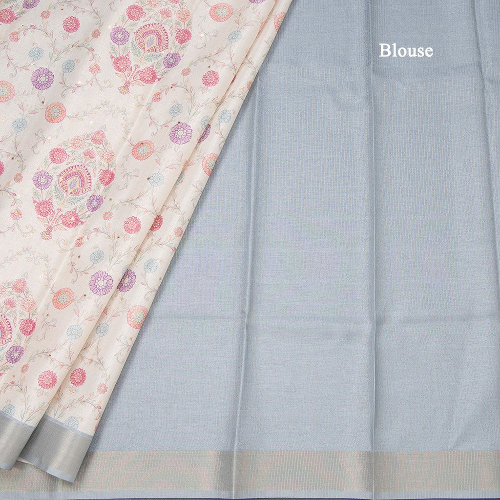 Raw Silk Cream Floral Printed Saree With Zari Border 07