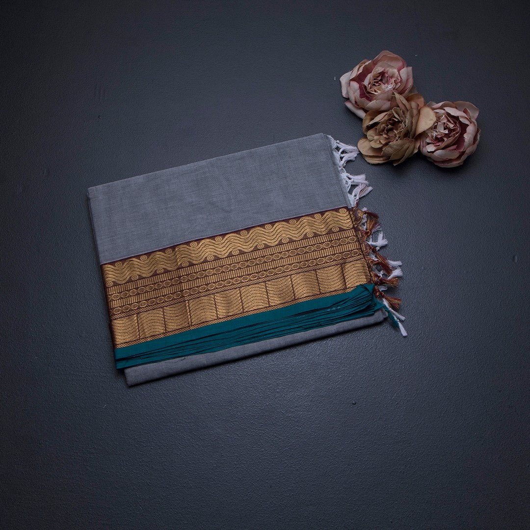 Chettinad Cotton Grey Plain Saree With Zari Border With Blouse