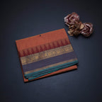 Chettinad Cotton Light Orange Saree With Small Buttas And Temple Border With Blouse