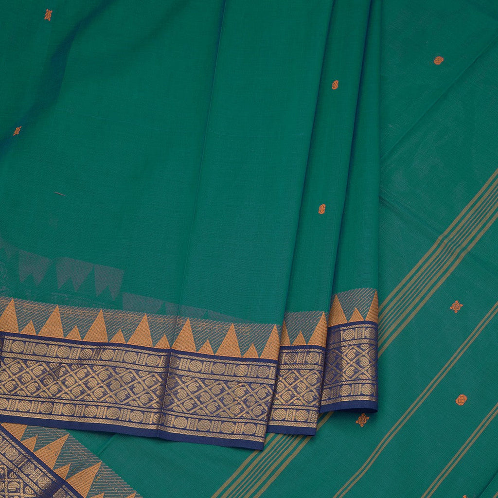 Chettinad Cotton Peacock Green Saree With Small Buttas And Temple Border With Blouse
