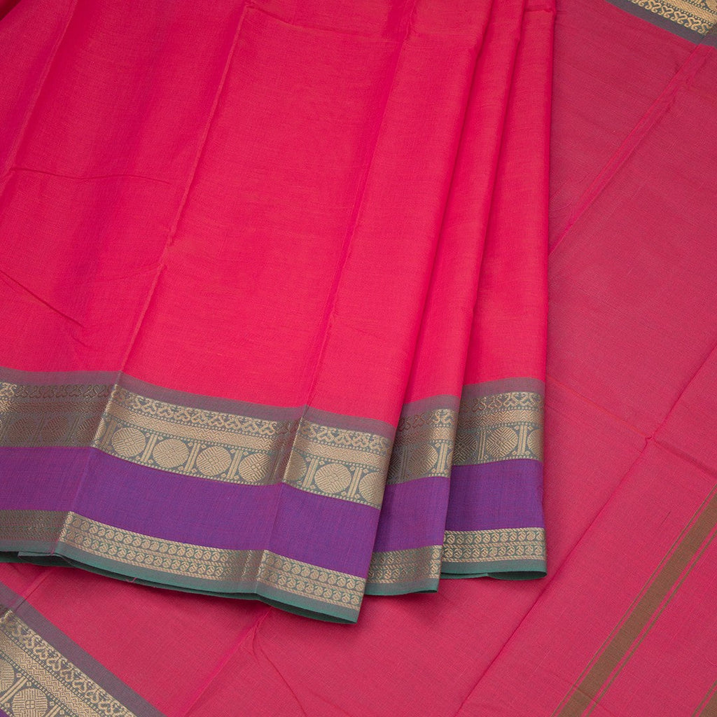 Chettinad Cotton Reddish Pink Plain Saree With Zari Border Without Blouse