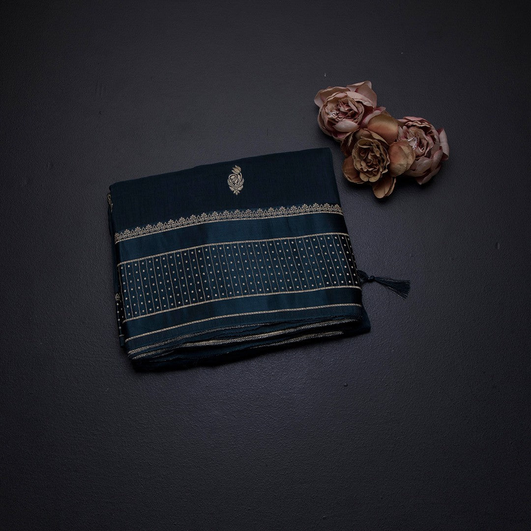 Tussar Peacock Blue Saree With Zari Buttas And Satin Border