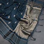 Tussar Peacock Blue Saree With Zari Buttas And Satin Border