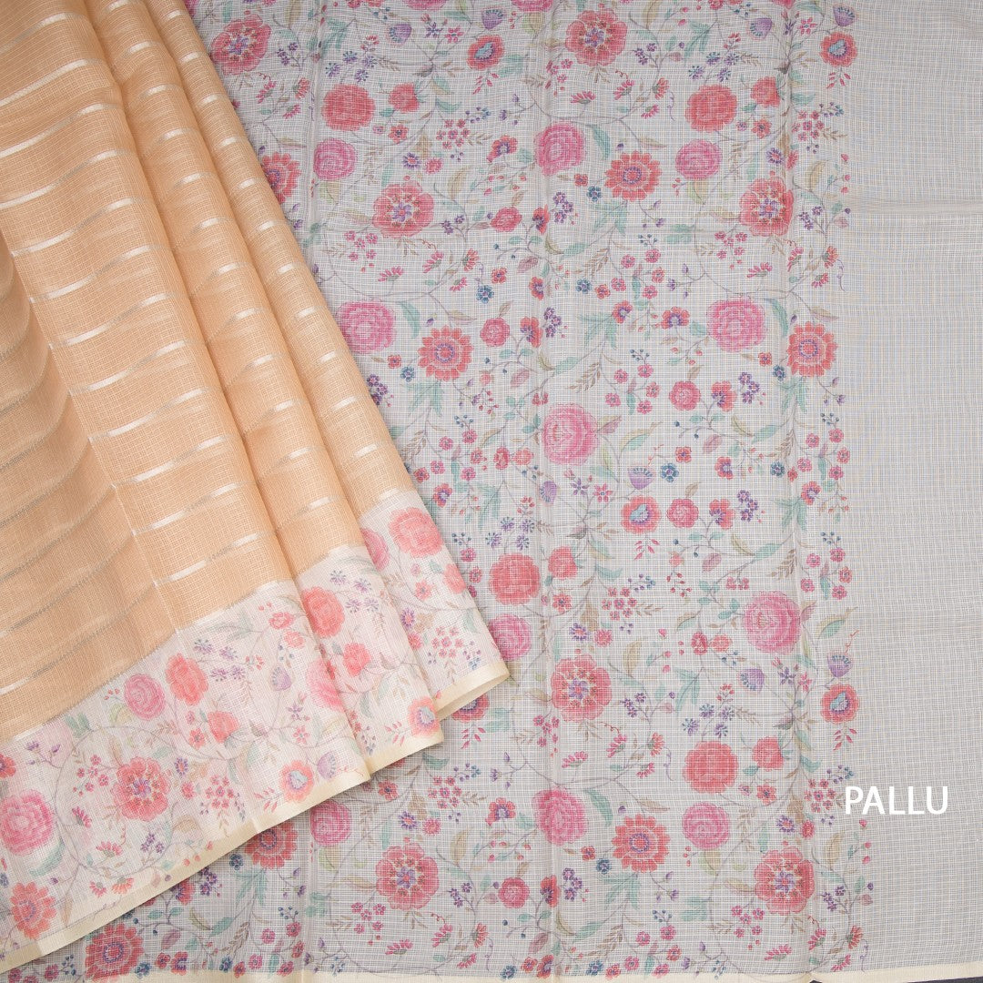 Kota Pastel Orange Zari Stripes Saree With Printed Border