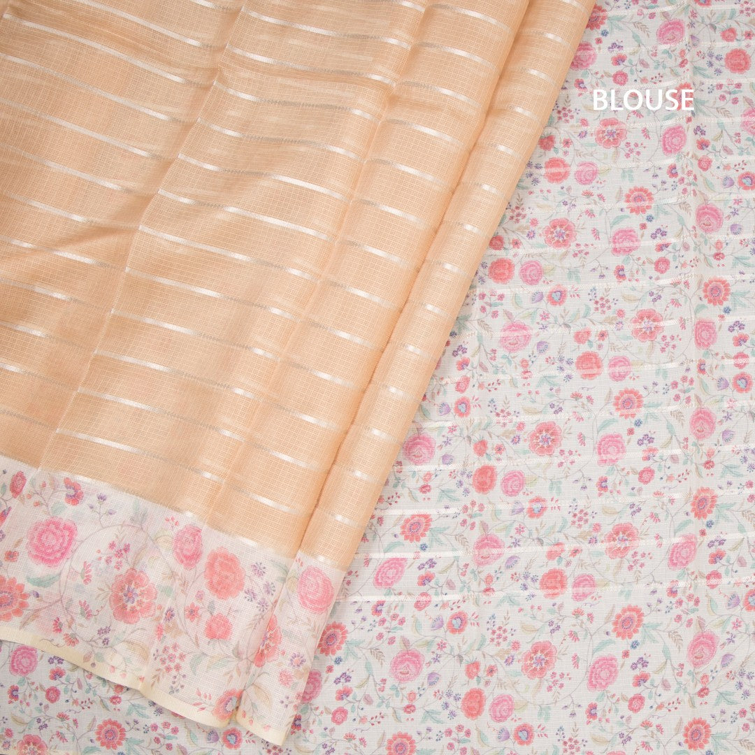 Kota Pastel Orange Zari Stripes Saree With Printed Border