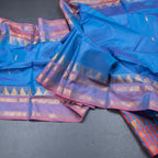 Vaazhai Naar Peacock Blue Saree With Thread Buttas And Contrast Pallu