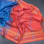 Vaazhai Naar Peacock Blue Saree With Thread Buttas And Contrast Pallu