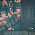 Semi Linen Peacock Green Floral Printed Saree With Zari Border
