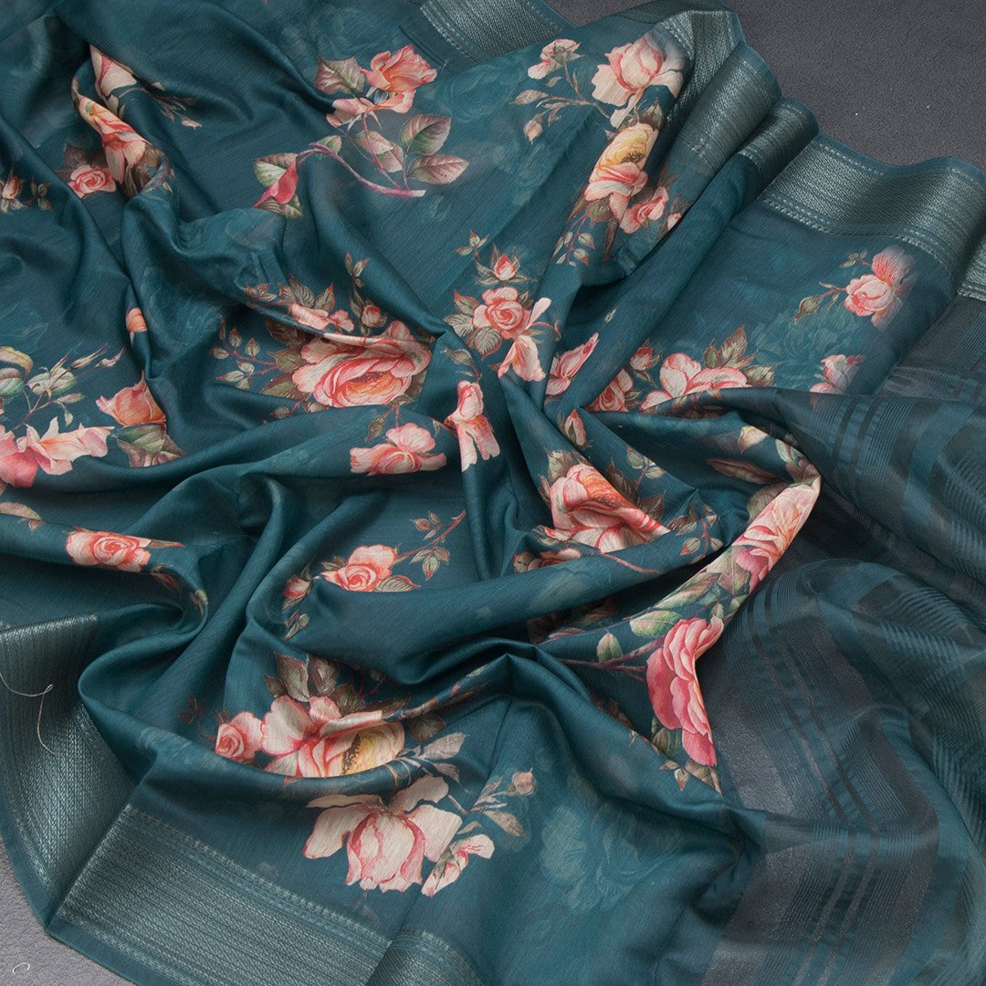 Semi Linen Peacock Green Floral Printed Saree With Zari Border