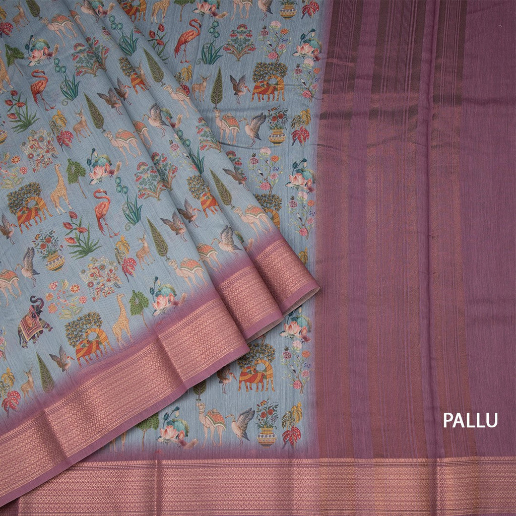 Semi Linen Greyish Blue Printed Saree With Zari Border
