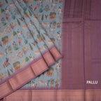 Semi Linen Greyish Blue Printed Saree With Zari Border
