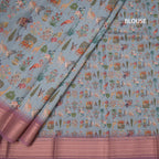 Semi Linen Greyish Blue Printed Saree With Zari Border