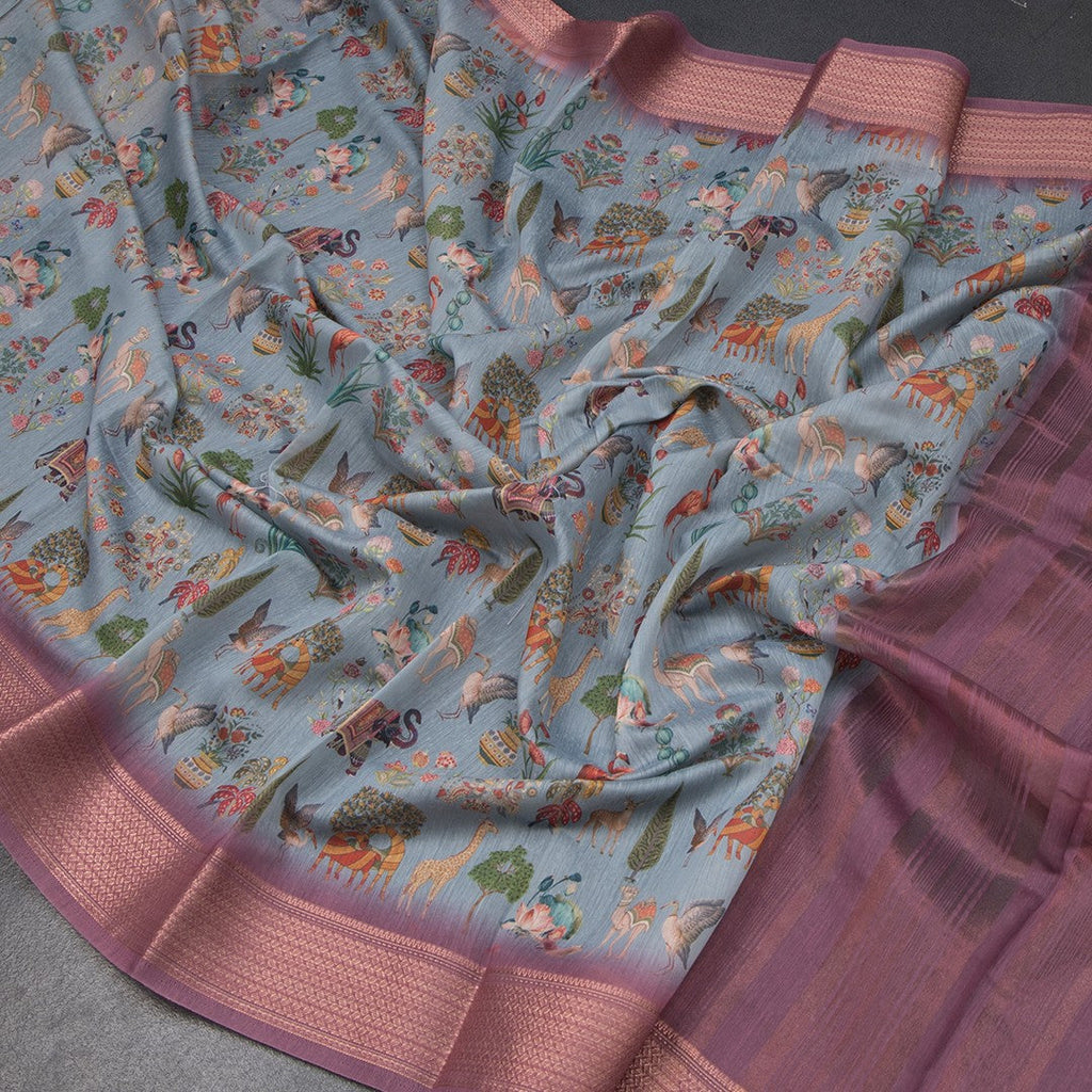 Semi Linen Greyish Blue Printed Saree With Zari Border